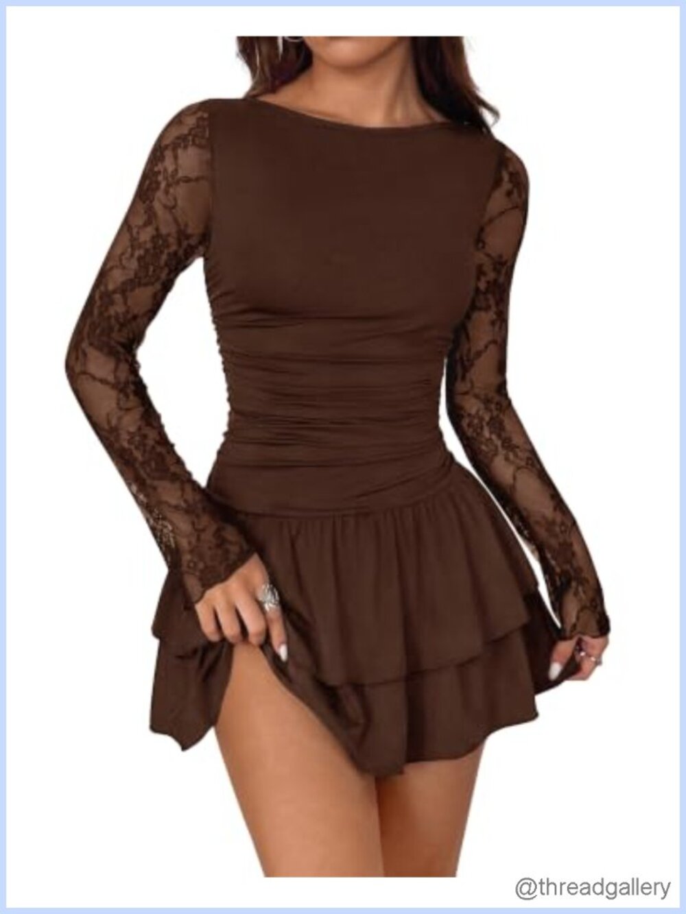 Long Sleeve Bodycon Mini Dress Ruched Lace Sleeve Party Prom Dress